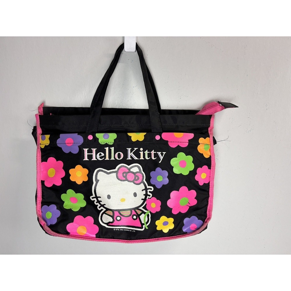 Vtg Hello Kitty Sanrio Nylon Tote Bag 1992 Black Neon Flowers Shoulder Purse